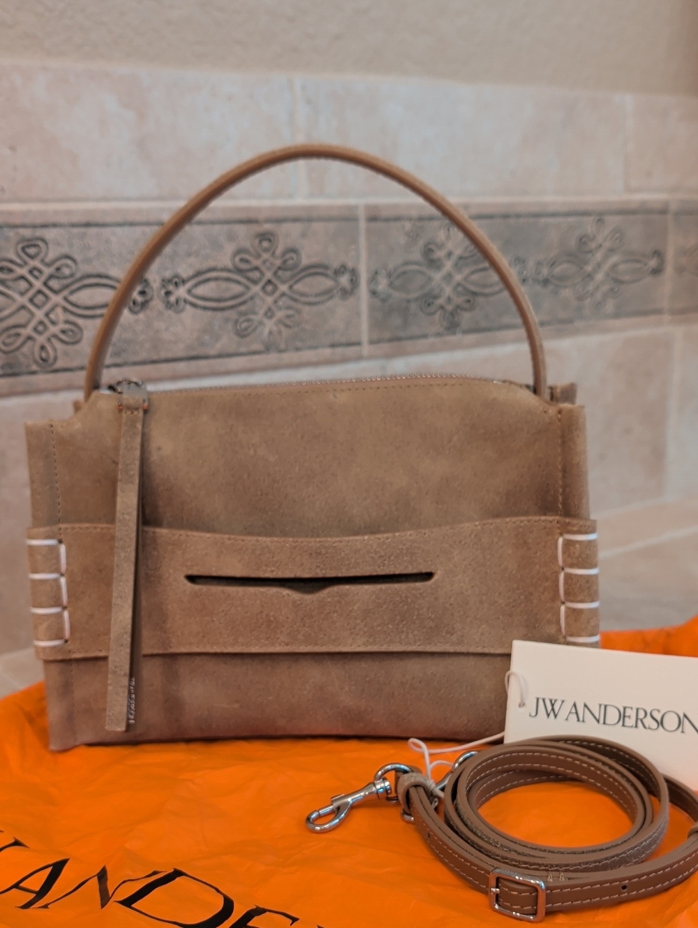 JW Anderson Small Loafer Bag Waxed Tan Gold Suede